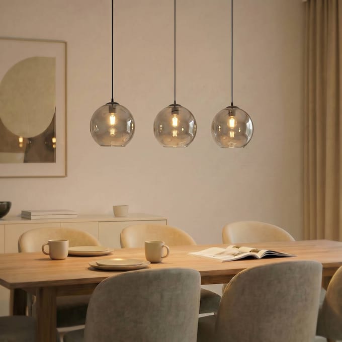 Lucande hanglamp Brillar, rookgrijs, glas, 3-lamps, 128 cm