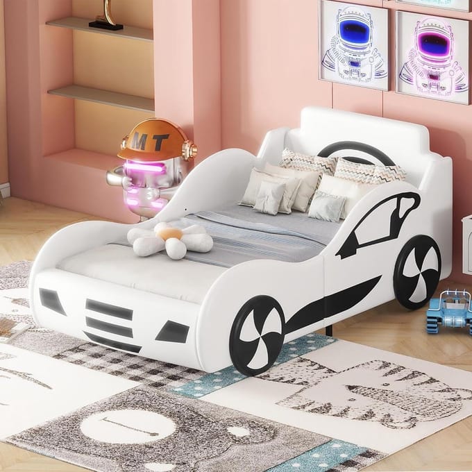 Kinderbed Auto - Autobed Kinderen - Spelen en Slapen - Uniek Autodesign - 90 x 200 cm - Wit