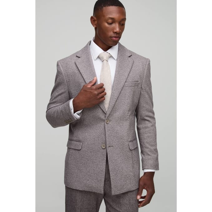 Straight Fit Herringbone Suit Jacket | Brown | Size 48