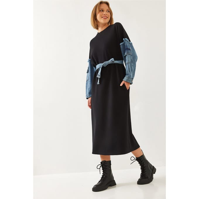 Gelaagde Denim Midi-jurk met Ronde Hals