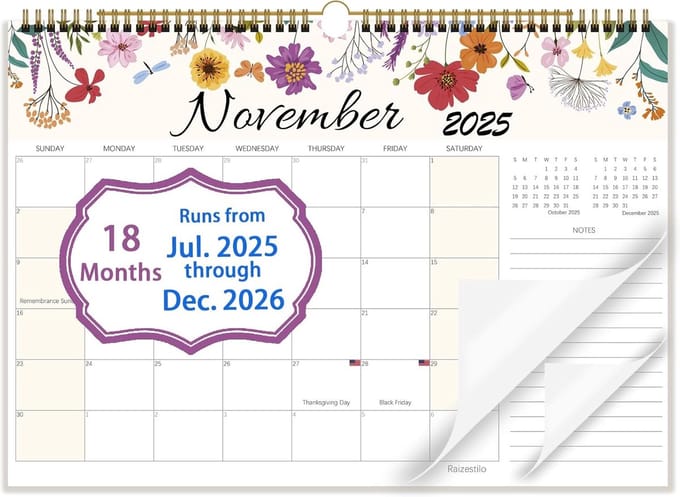 Grote Wandkalender 2025-2026 Maandelijks met Bloemendecoratie