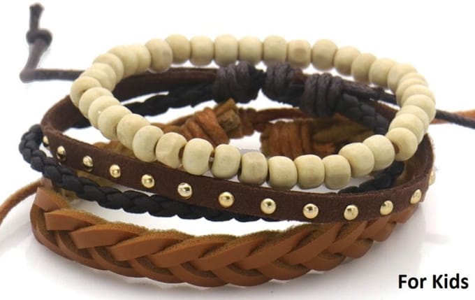 Armbandenset - kinderen - Leer & Kralen - trendy - verstelbaar
