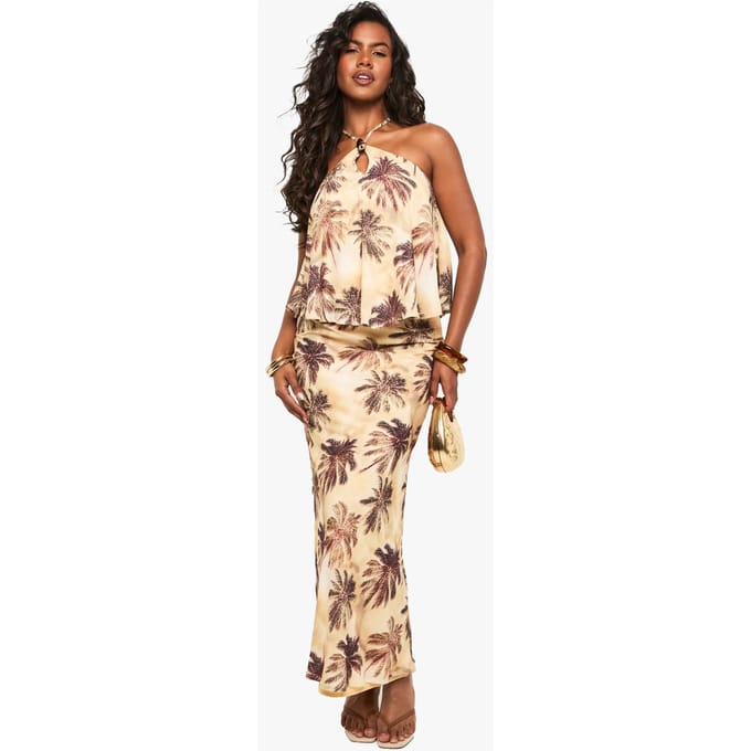 boohoo Dames Chiffon maxi-rok met palmprint | Beige | Maat: 10