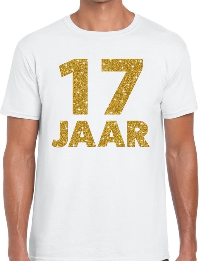 17 jaar goud glitter verjaardag t-shirt wit heren - verjaardag shirts S