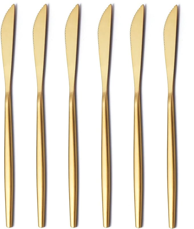 Dinermes 6-Delig, RVS Mat Goud Dinermes, Robuust Botermes, Modern Design Botermes, Vaatwasmachinebestendig (Mat Goud-8,9 Inch)