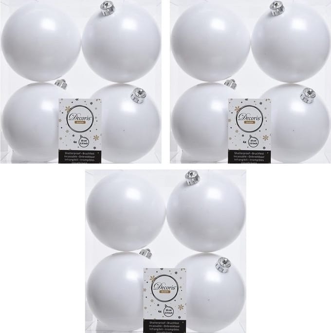 Decoris Kerstballen - 12x st - wit - 10 cm - kunststof - kerstversiering