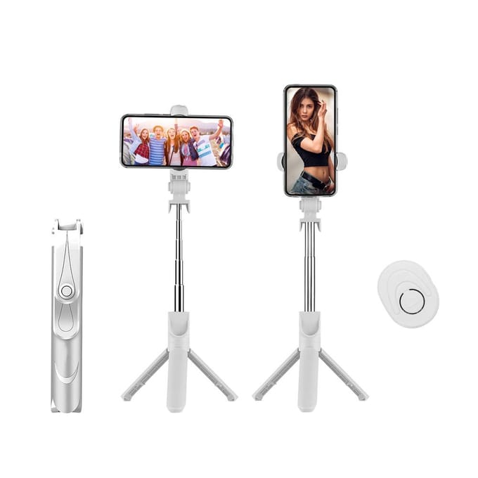 5-delige uitschuifbare selfiestick Geïntegreerde universele telefoonhouder Tafelstatief met BT-afstandsbediening wit