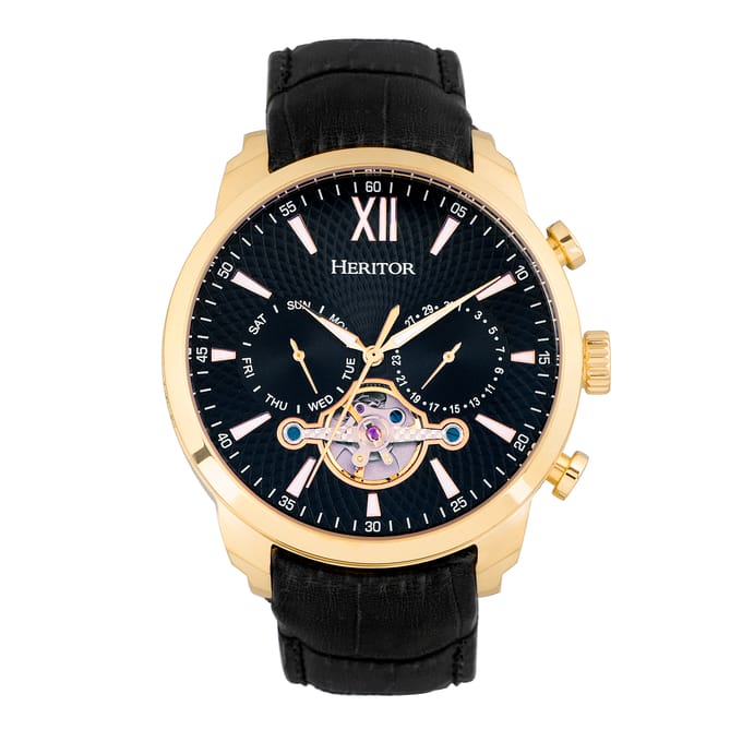 Heritor Automatic Arthur Semi-Skeleton leren band horloge met dag/datum - goud/zwart