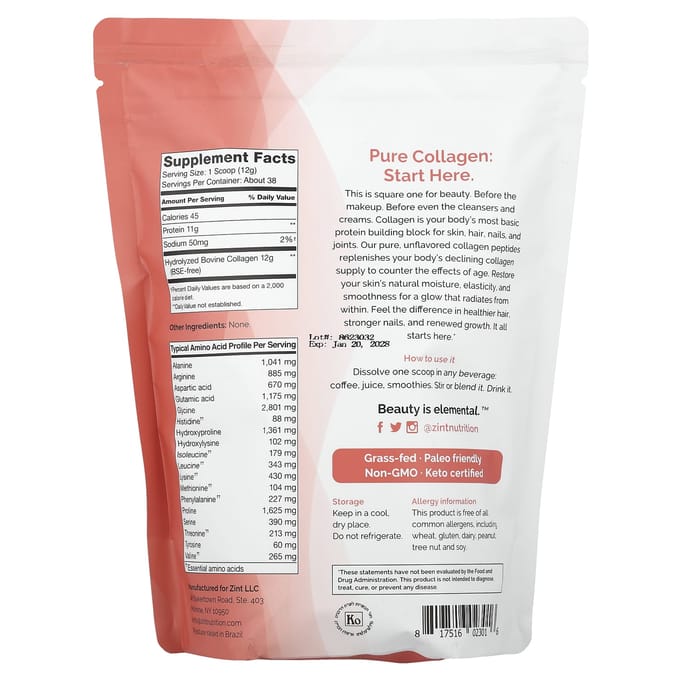 Zint, peptides de collagène purs nourris à l'herbe, sans saveur, 16 oz (454 g)