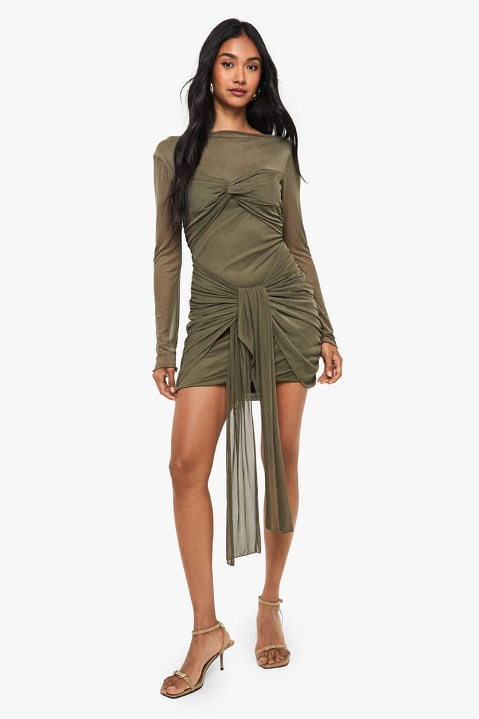 boohoo Dames Mini-jurk met mesh ruched twistdetail | Khaki | Maat: 8