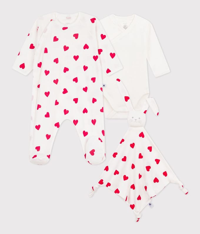 Petit Bateau Geboortegeschenkset van katoen met hartprint Unisex Kledingset - Wit/Rood + Wit/Rood + Wit