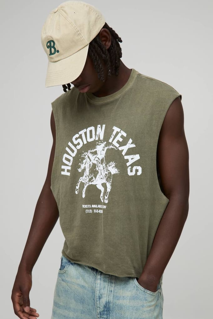 Oversized Boxy Western Gewassen Grafisch Tanktop | Khaki | Size Medium
