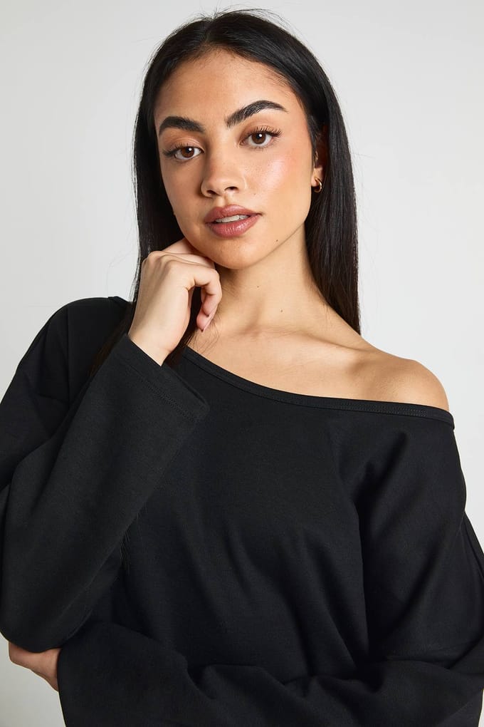 boohoo Dames Lang Interlock Off-shoulder Sweatshirt | Black | Maat: Small