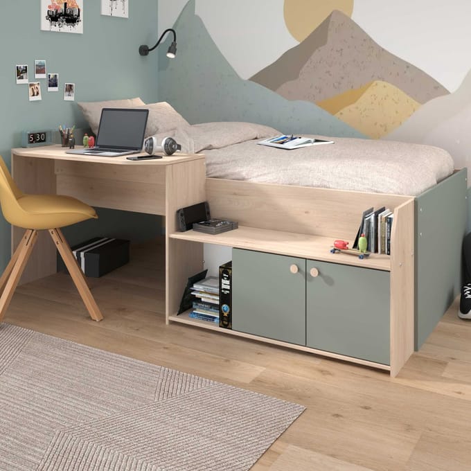 Vente-unique Combinatiebed hout amandelgroen, natuurlijk licht 90 x 190 cm, 90 x 200 cm