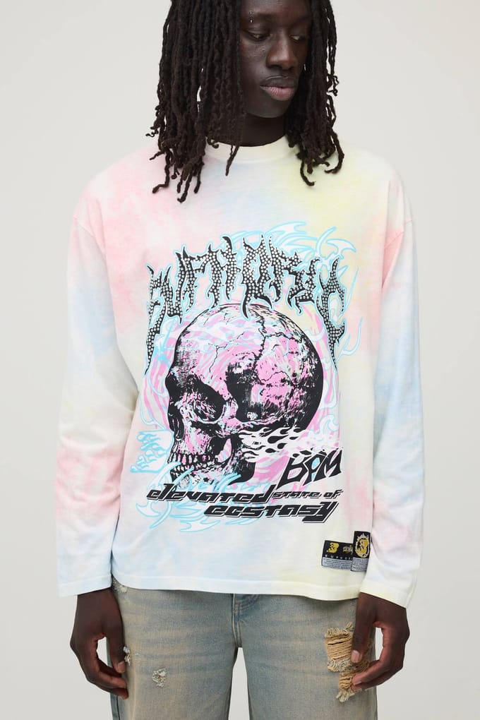 Oversized Euphoric Tie Dye Faux Graphic Rhinestone Long Sleeve T-Shirt | Size Medium