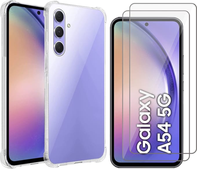 Hoesje geschikt voor Samsung Galaxy A54 - 2x Screen Protector GlassGuard - Back Cover Case ShockGuard Transparant & Screenprotector