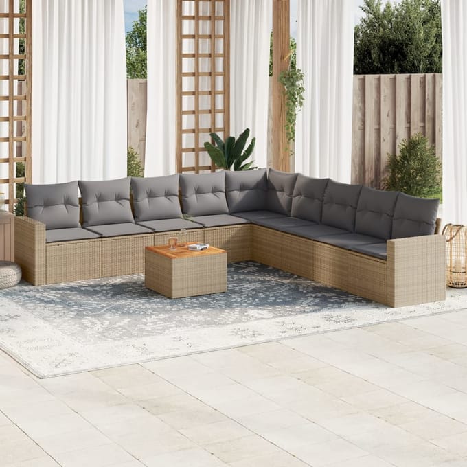 vidaXL - 10-delige - Loungeset - met - kussens - poly - rattan - beige