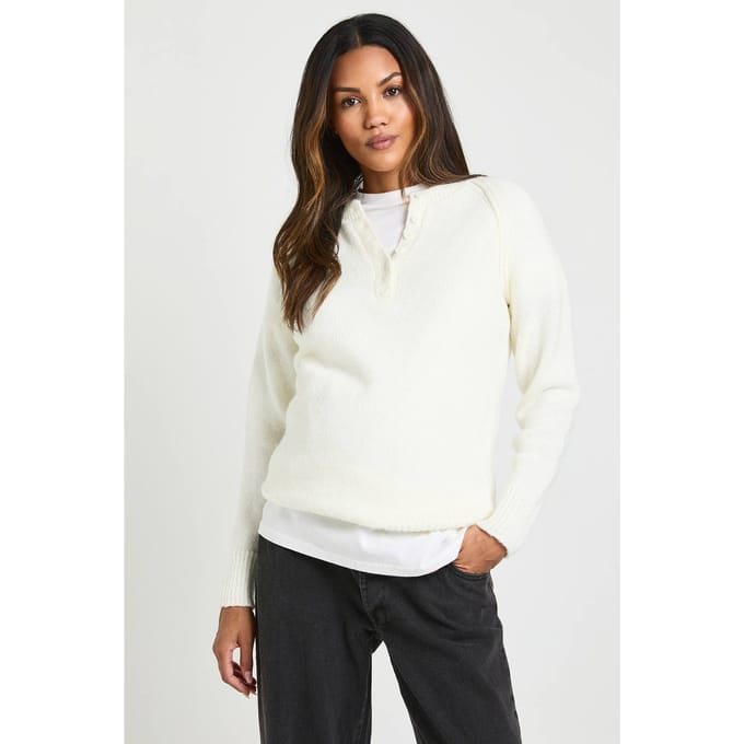 boohoo Dames Zwangerschaps Henley Knoop Gebreide Trui | Ecru | Maat: Large