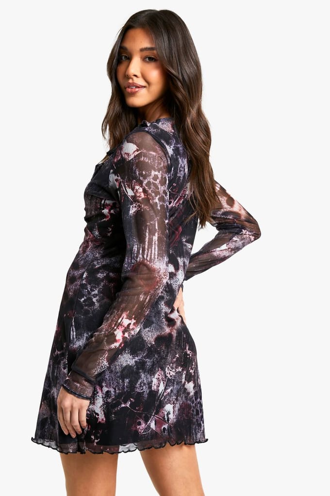 boohoo Dames Abstract Mesh Slare Sleeve Mini-jurk | Black | Maat: 10