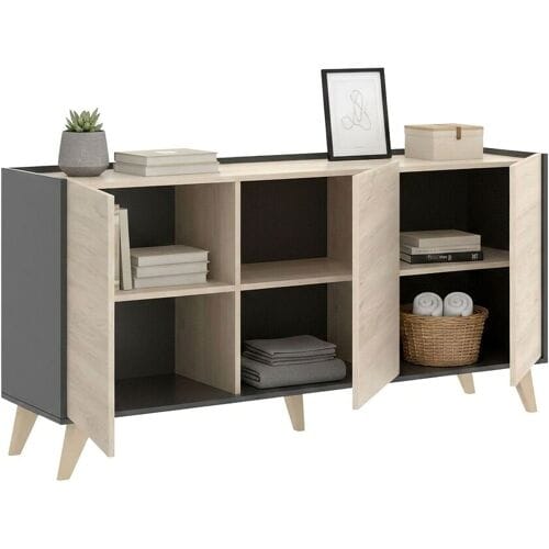 Dmora Dadop dressoir, Woonkamerbuffet, Modern woonkamerdressoir met 3 deuren, 155x43h75 cm, Eiken en Antraciet