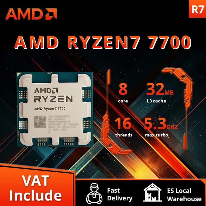 AMD Ryzen 7 7700 voor Gaming & Productiviteit, 8-Core 12T Desktop CPU, 4,5 GHz Max Boost, 5nm 32MB L3 Cache, Socket AM5 Processor (koeler niet inbegrepen)