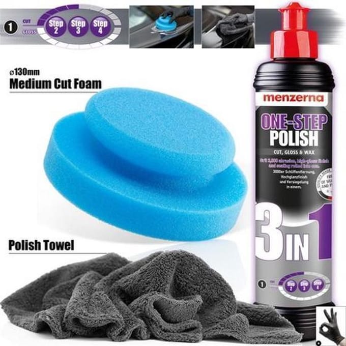 Menzerna-3 in 1 polish 250 ml- aanbreng pad-microfiber poetsdoek 40x40 cm