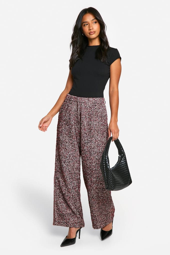 boohoo Dames Petite Herringbone Wool Look Broek | Red | Maat: 8