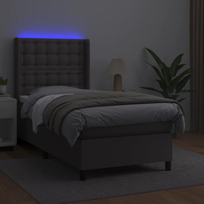 vidaXL - Boxspring - met - matras - en - LED - kunstleer - grijs - 90x200 - cm