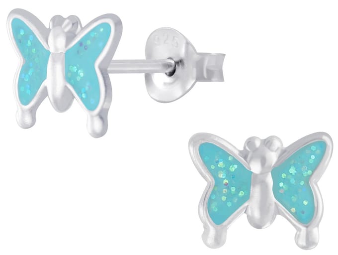 Joy|S - Zilveren vlinder oorbellen - glitter blauw