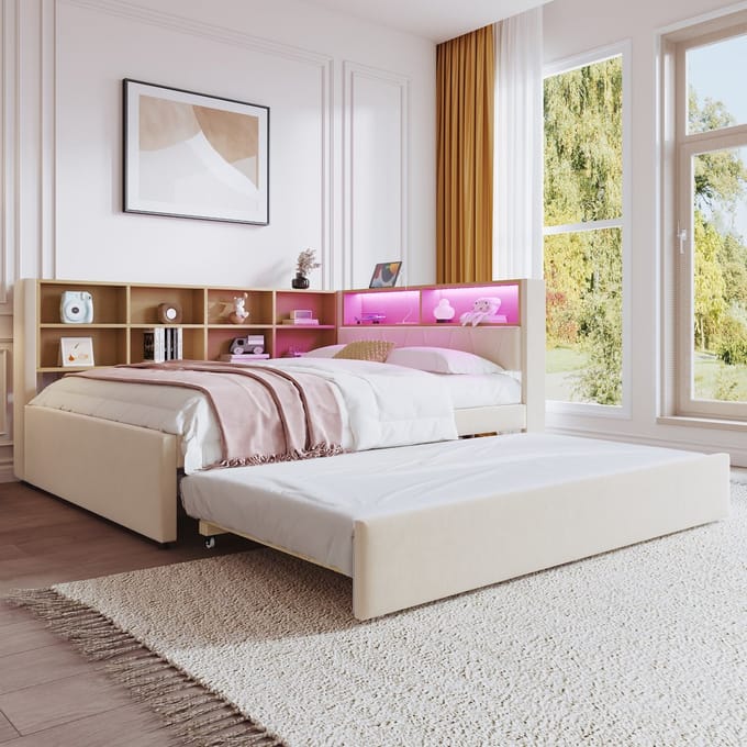 REDOM Slaapbank 140x200 cm van flanel – Met uitschuifbed 90x190 cm, LED en USB/Type-C – Beige