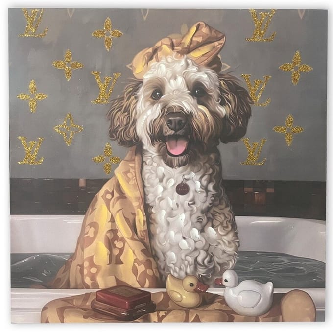 Schilderij hond in bad 60cm