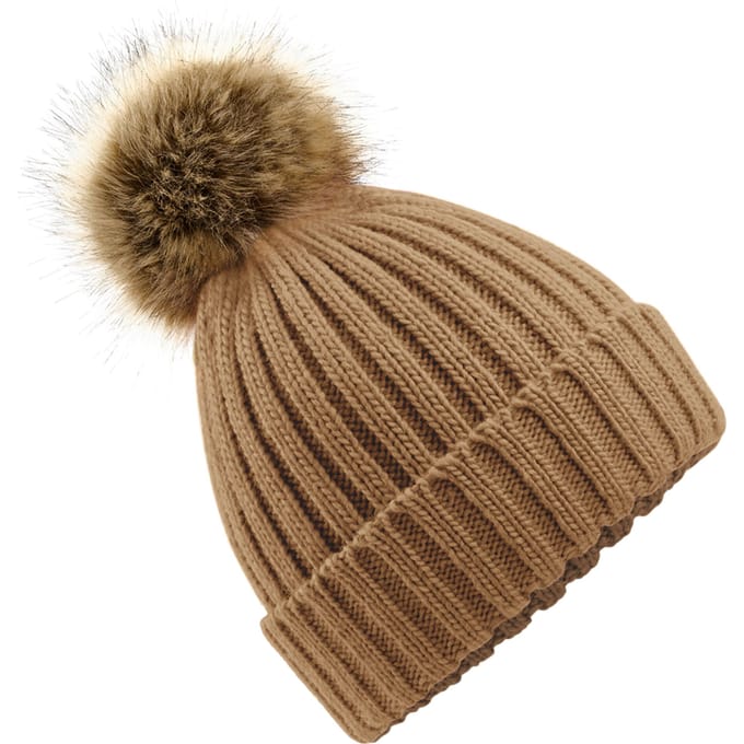 Beechfield Grote imitatie bontmuts Pom Pom (Koekje)