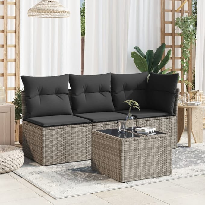 vidaXL - Tuintafel - met - glazen - blad - 55x55x37 - cm - poly - rattan - grijs
