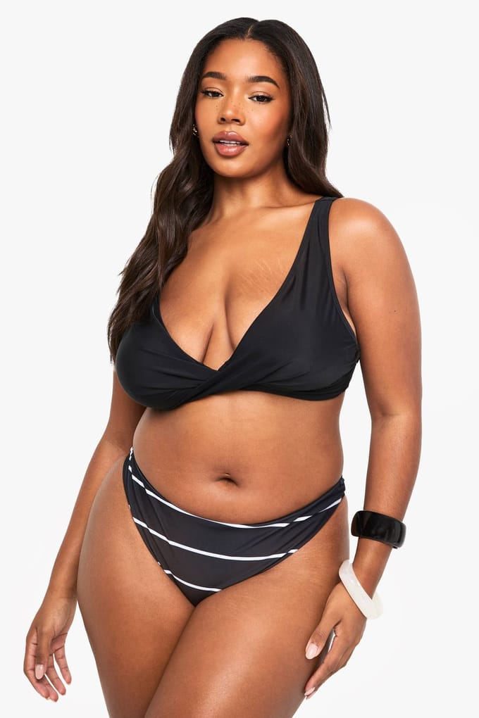 boohoo Dames Plus Zwemkleding Essentials Hoge Taille Gestreepte Slip | Zwart | Maat: 48