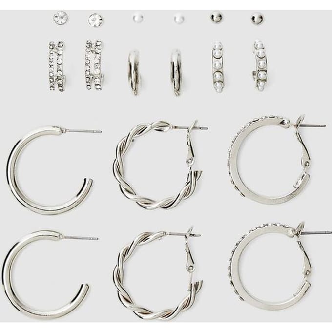 Stradivarius Set van 9 oorbellen, ringen, glitters en parels  Grijs OS