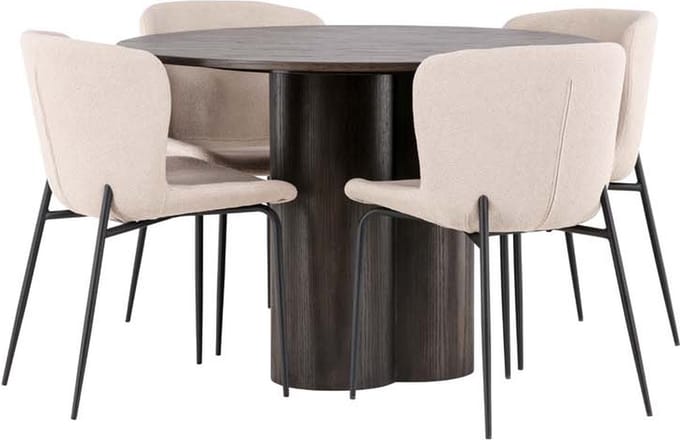 Olivia eethoek tafel mokka en 4 Modesto stoelen beige.