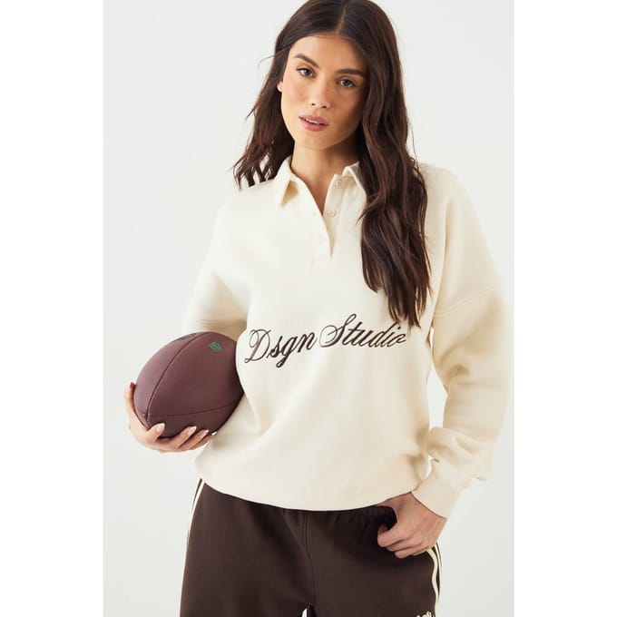 Dames DSGN Studio Script Rugby Kraag Sweatshirt | Creme | Maat: Large