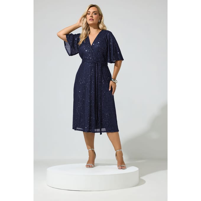 Yours London Marineblauwe Wikkeljurk Met Pailletten Size 44