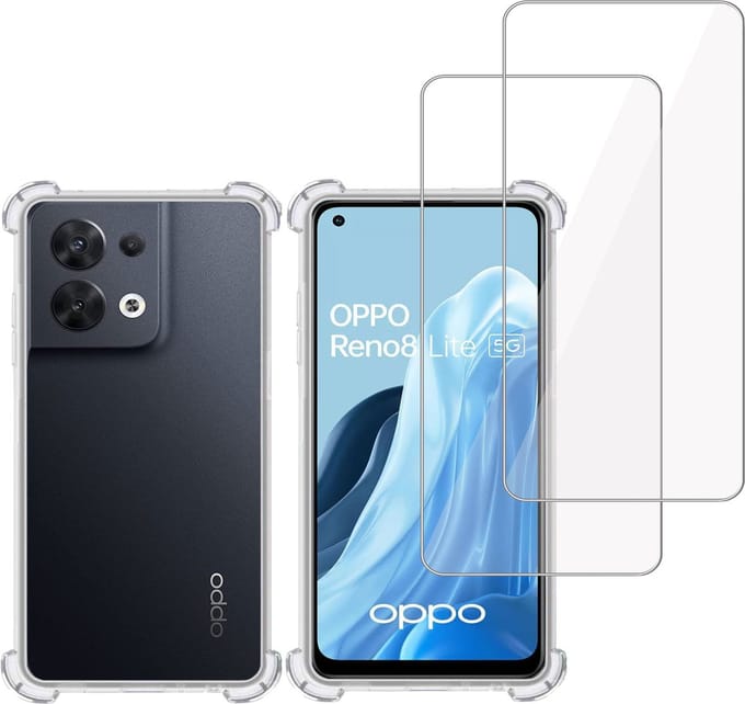 Hoesje + 2x Screenprotector geschikt voor OPPO Reno 8 Lite – Tempered Glass - Extreme Shock Case Transparant
