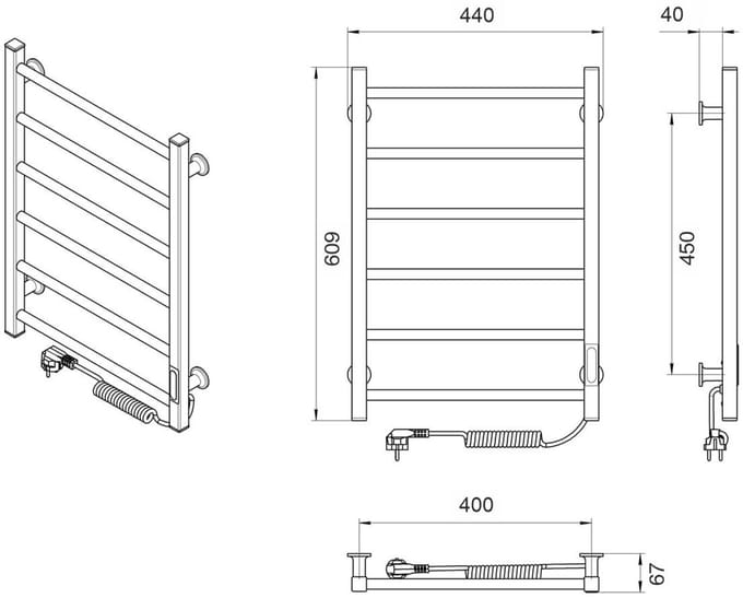 Elektrische handdoekradiator ALFA 400x600 met ECO-timer, 95W, Wit