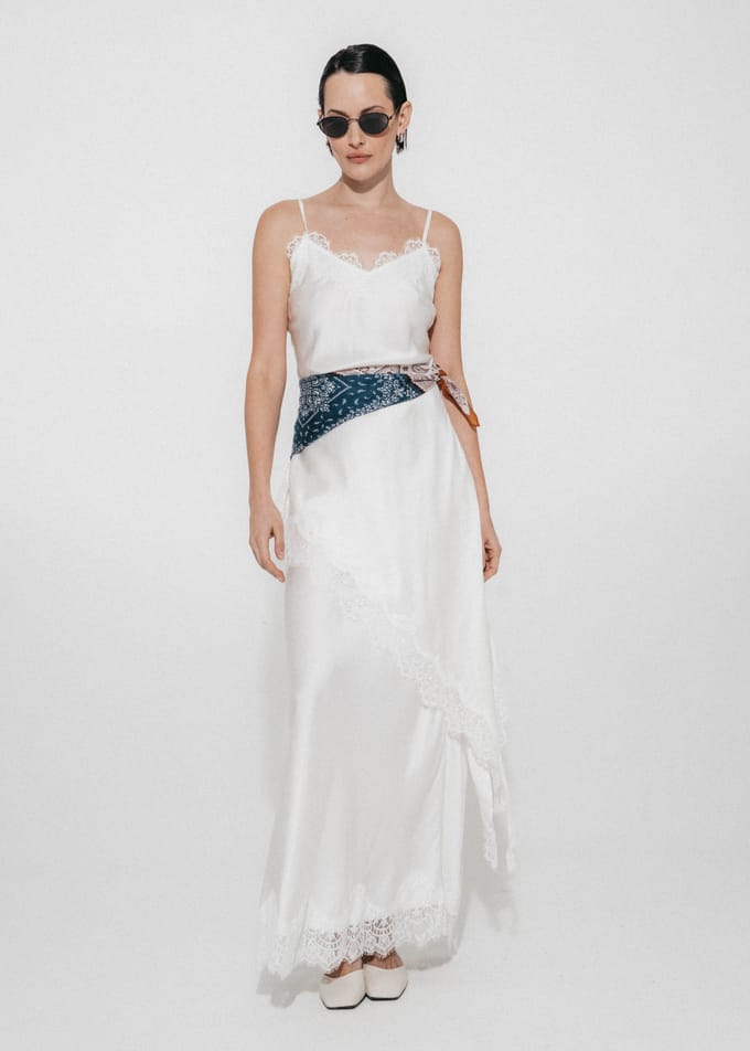 Esra silk skirt whit lace trim | White - White / M