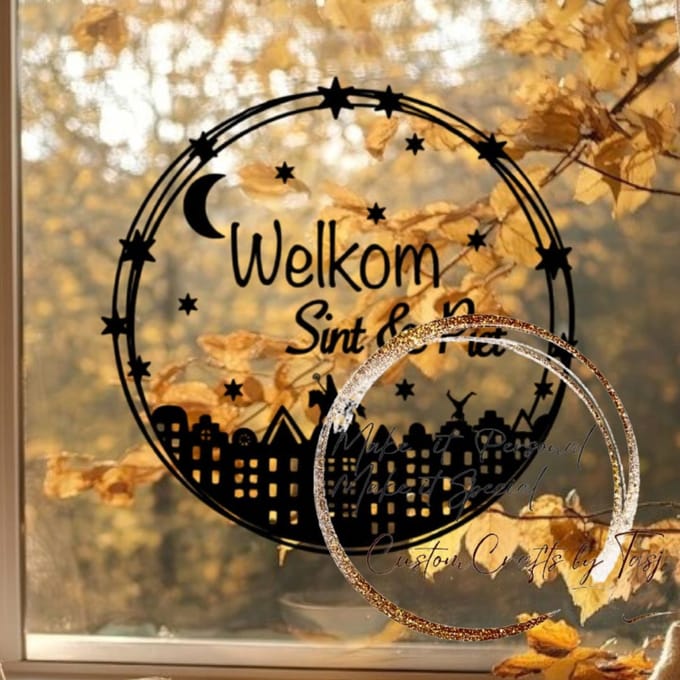 Herbruikbare Statische Raamstickers - Cirkel Welkom Sint & Piet - Zwart