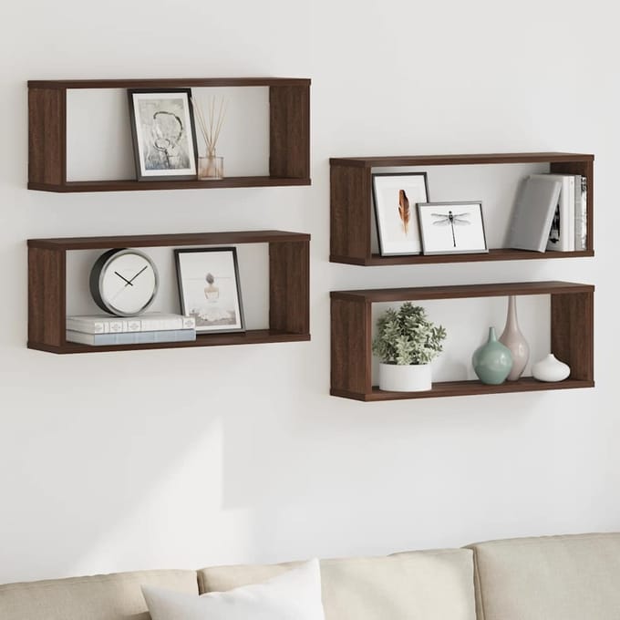 vidaXL - Wandschappen - kubus - 4 - st - 60x15x23 - cm - bewerkt - hout - bruin - eiken