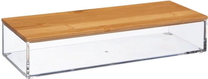 5Five Sieraden en make-up houder - rechthoek box met deksel - 25 x 5 cm - kunststof/bamboe - organizer - transparant/bruin
