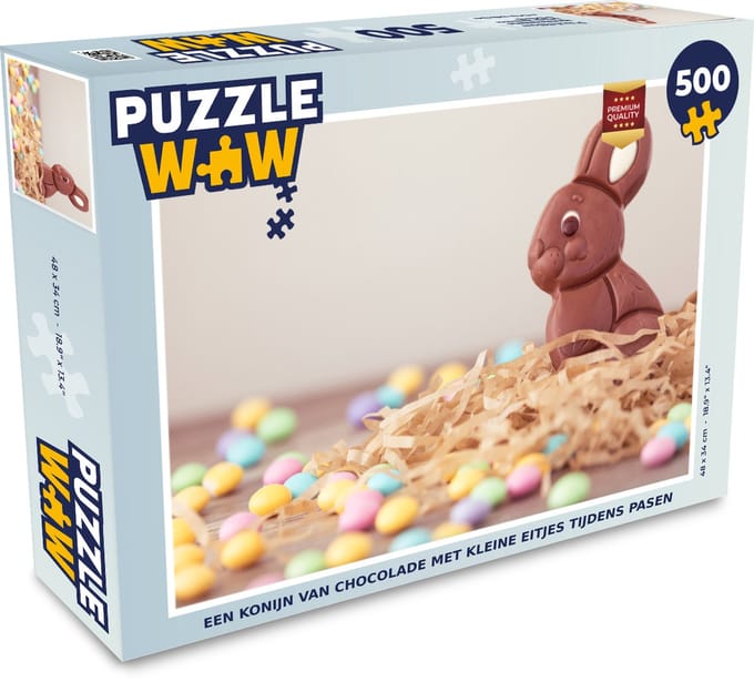 Puzzel Een konijn van chocolade met kleine eitjes tijdens Pasen - Legpuzzel - Puzzel 500 stukjes