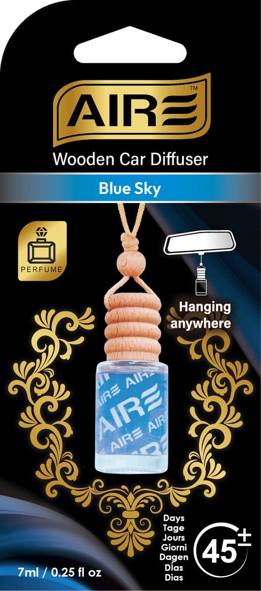 AIRE Autoparfum Luchtverfrisser BLUE SKY Perfume bottle/wood. Werkt ca 45 dagen.