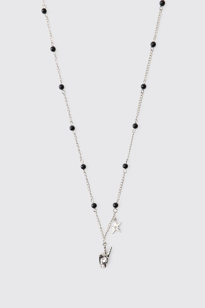 Peace Sign & Star Beaded Necklace | Silver