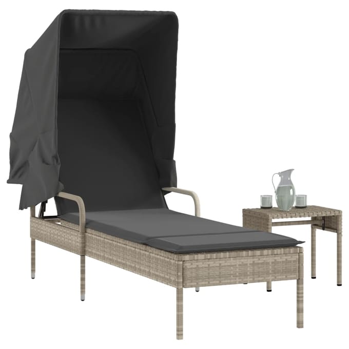 vidaXL - Ligbed - met - luifel - en - tafel - poly - rattan - lichtgrijs