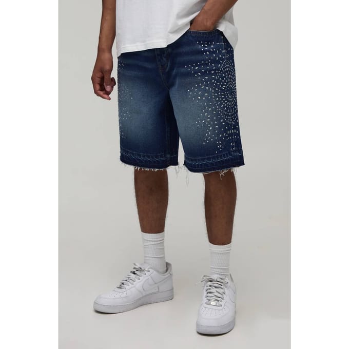 Relaxed Denim Shorts Met Strassteentjes En Ruwe Zoom | Mid Wash | Size 36