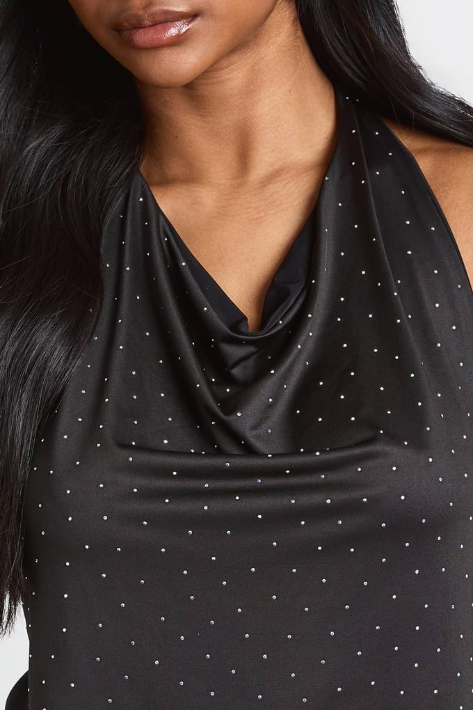 boohoo Dames Hotfix Slinky Halter Cowl Top | Black | Maat: 10